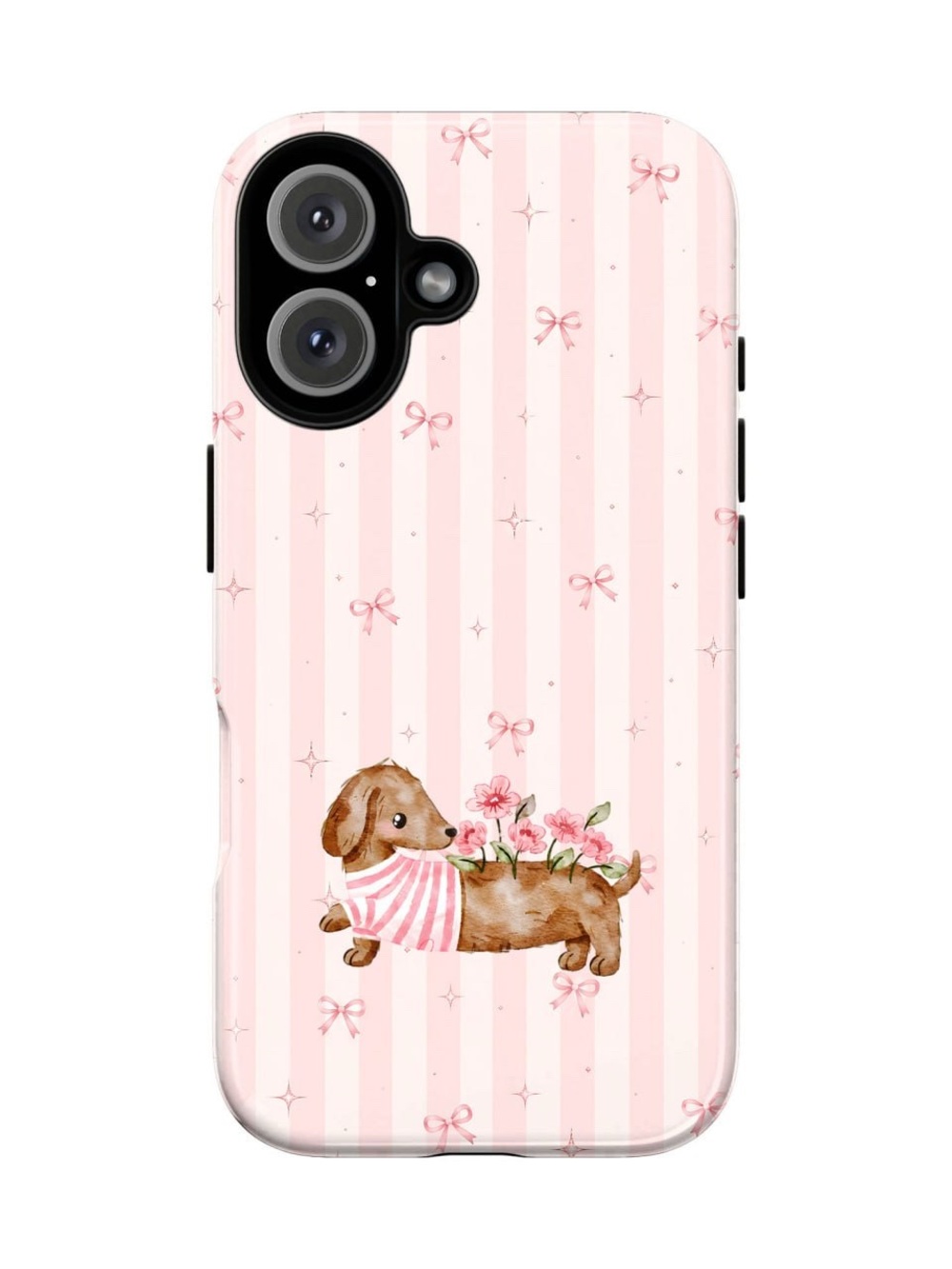 Cute Pink Dog Phone Case - Floral Stripe Design